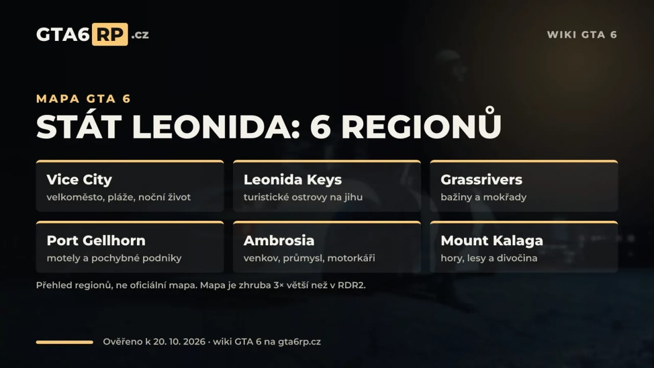 Infografika: šest oficiálních regionů státu Leonida v GTA 6 včetně Vice City